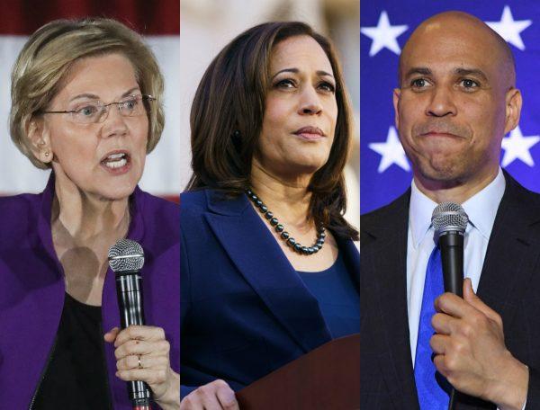 (L-R) Democratic presidential candidates Sen. Elizabeth Warren (D-Mass.), Kamala Harris (D-Calif.), and Cory Booker (D-N.J.). (Getty Images)