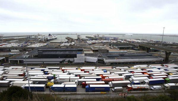 Trucks line up at the entrance to the Port of Dover ferry terminal during delays to the cross Channel ferry, in Dover, England, on March 12, 2019. (Gareth Fuller/PA via AP, file)