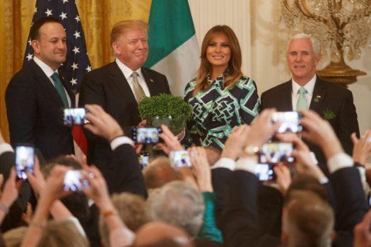(L-R) Taoiseach Leo Varadkar of Ireland, President Donald Trump, First Lady Melania Trump, and Vice President Mike Pence pose for a photo during the Shamrock Bowl Presentation with Prime Minister of Ireland Leo Varadkar at the White House in Washington on March 14, 2019. (Tom Brenner/Getty Images)