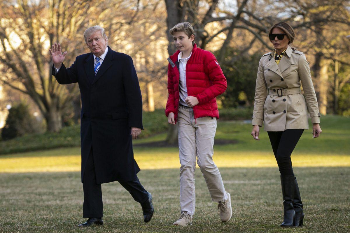 President Donald Trump, First Lady Melania Trump, and their son, Barron Trump, arrive on the South Lawn of the White House in Washington on March 10, 2019. (Al Drago/Getty Images)