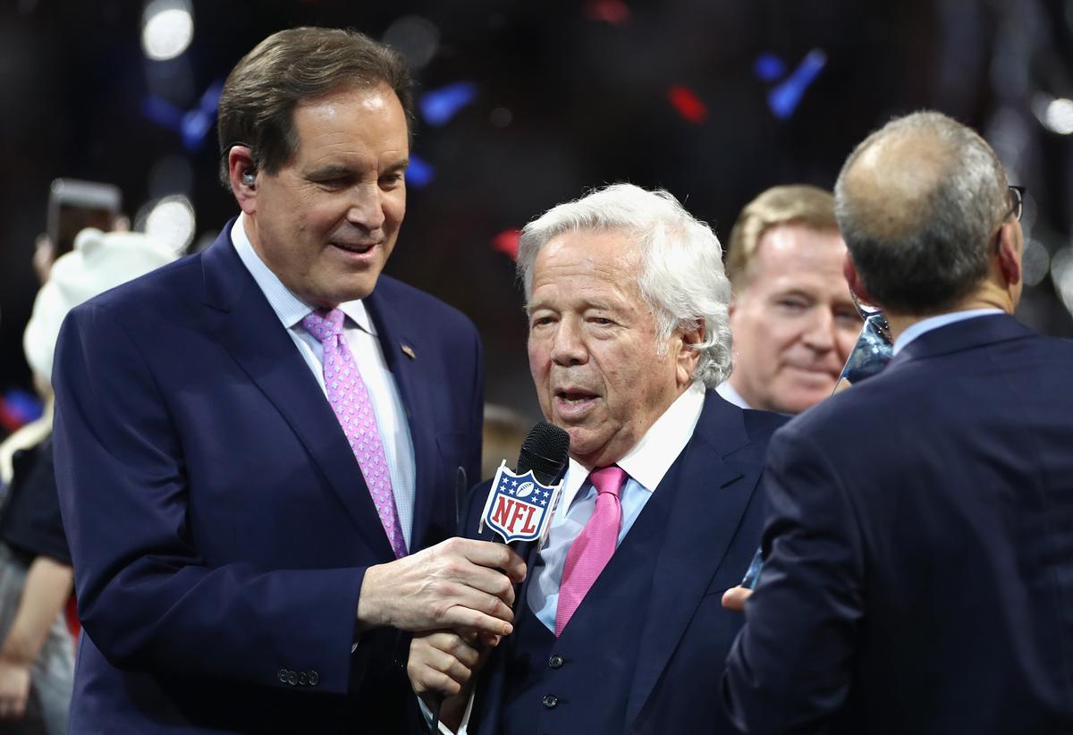 Robert Kraft, owner of the New England Patriots, speaks at the end of the Super Bowl LIII at Mercedes-Benz Stadium in Atlanta, Georgia, on Feb. 3, 2019. (Jamie Squire/Getty Images)