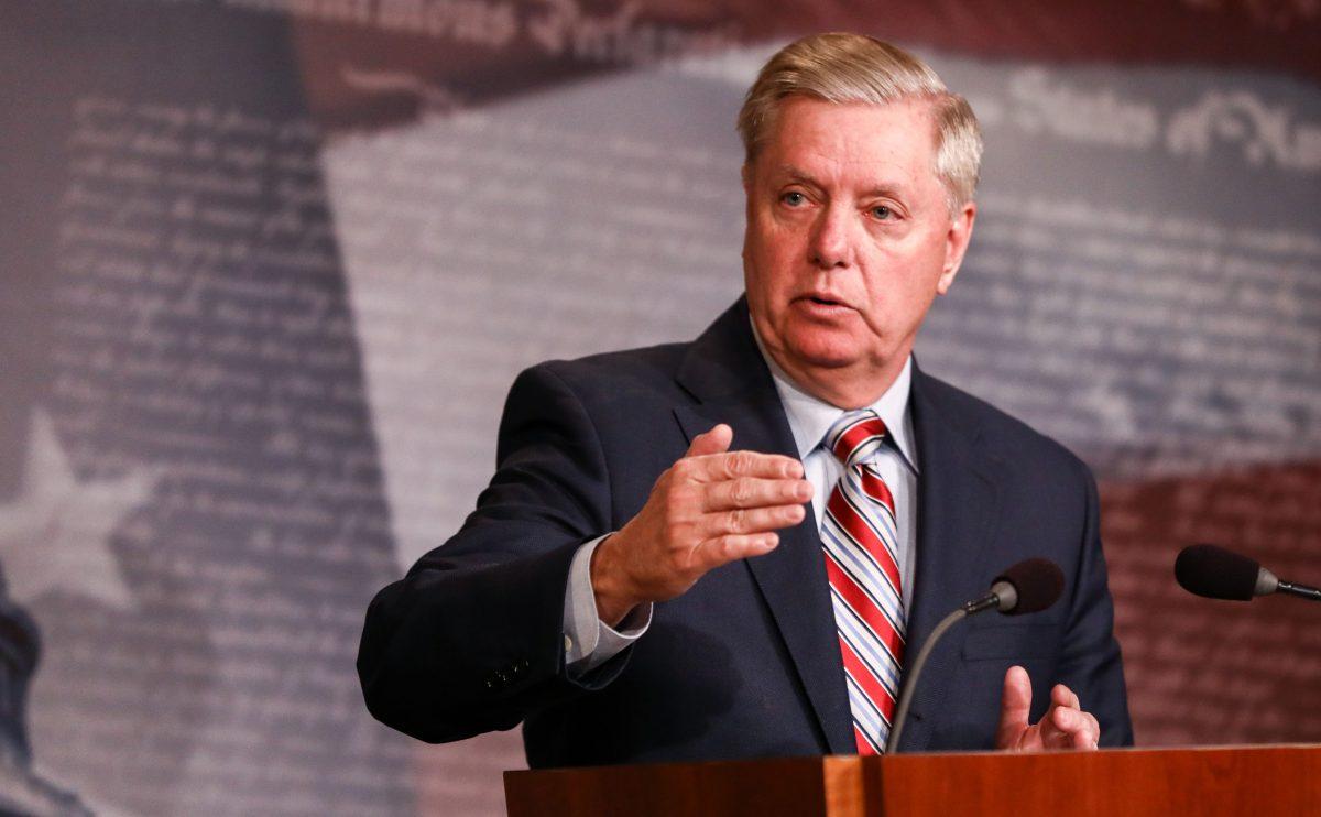 Sen. Lindsey Graham speaks to media about the Mueller report at the Capitol in Washington on March 25, 2019. (Charlotte Cuthbertson/The Epoch Times)