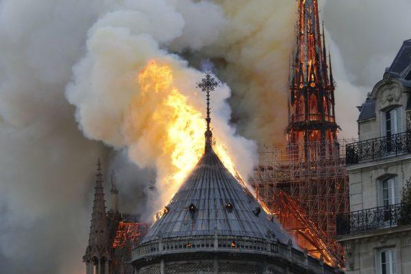 Flames burn the roof of the landmark Notre-Dame Cathedral in central Paris on April 15, 2019, potentially involving renovation works being carried out at the site, the fire service said.  (Francois Guillot/AFP/Getty Images)