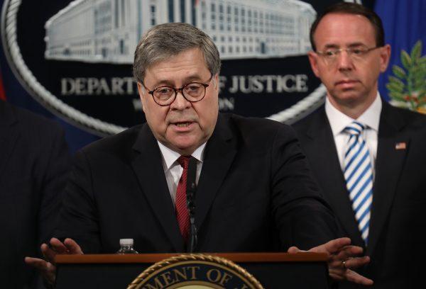 Attorney General William Barr speaks during a press conference on the release of the redacted version of the Mueller report at the Department of Justice in Washington, on April 18, 2019. (Win McNamee/Getty Images)