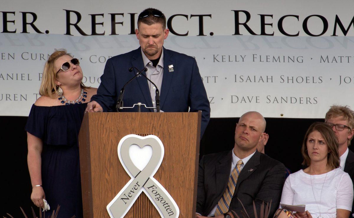 Sean Graves, Columbine High School massacre survivor and 2002 graduate, speaks during the Columbine Remembrance Ceremony, in Littleton, Colorado, on April, 20, 2019. (Jason Connolly/AFP/Getty Images)