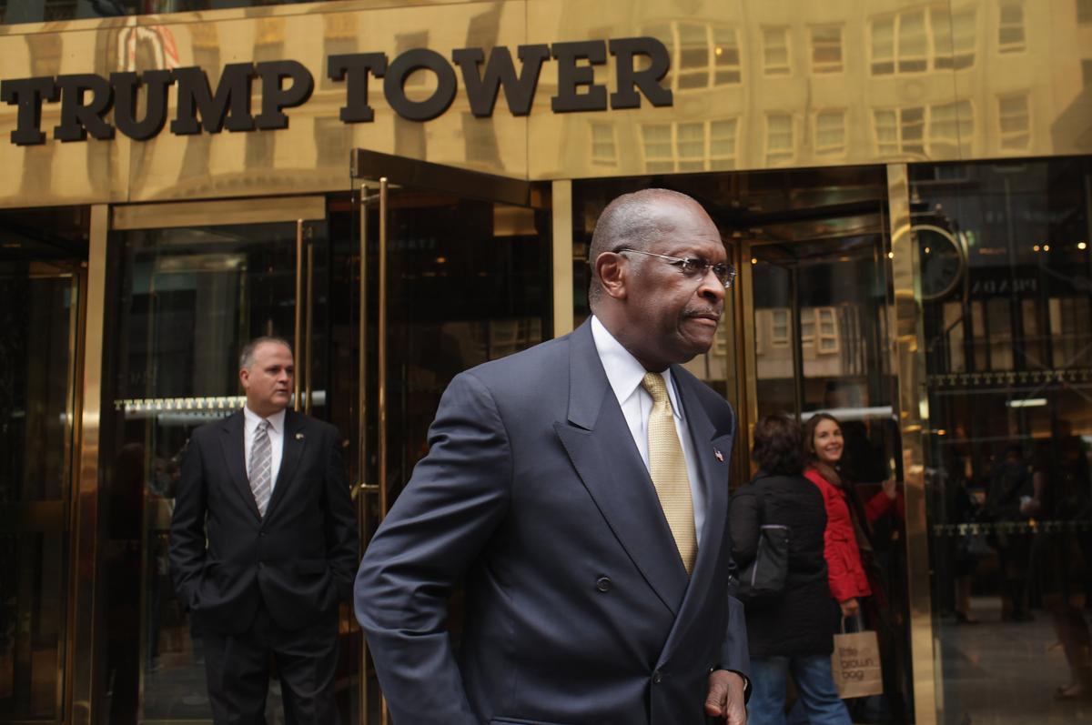 Herman Cain exits Trump Tower to speak with the media on Oct. 3, 2011 in New York City. (Spencer Platt/Getty Images)