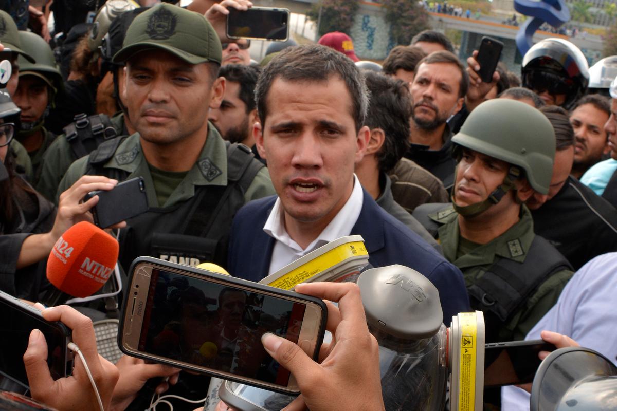 Juan Guaido, recognized by Washington and 50 other nations as Venezuela's legitimate leader, talks to media outside the airforce base La Carlota on April 30, 2019 in Caracas, Venezuela. (Rafael Briceno/Getty Images)