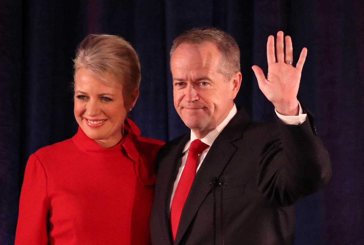Leader of the Opposition and Leader of the Labor Party Bill Shorten, with wife Chloe Shorten, concedes defeat following the results of the Federal Election at Hyatt Place Melbourne in Melbourne, Australia, on May 18, 2019. (Scott Barbour/Getty Images)