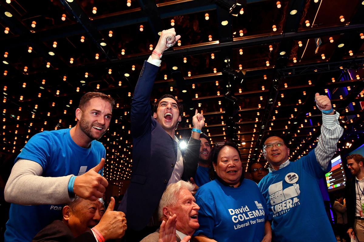 Australia's Liberal Party supporters react during the results count at the Federal Liberal reception at the Sofitel-Wentworth hotel in Sydney, on May 18, 2019. (AAP Image/Mick Tsikas/via Reuters)