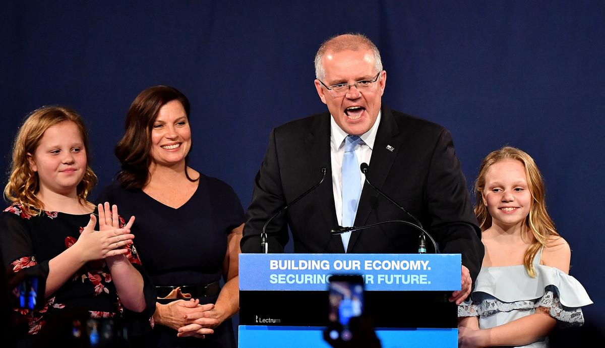Australia's Prime Minister Scott Morrison with wife Jenny, and children Abbey and Lily after winning the 2019 Federal Election, at the Federal Liberal Reception at the Sofitel-Wentworth hotel in Sydney, on May 18, 2019. (AAP Image/Dean Lewins/via Reuters)