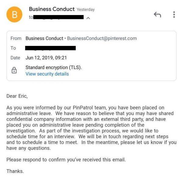 An email received by Eric Cochran, Pinterest software engineer, on Jun. 12, 2019. (Courtesy of Project Veritas)