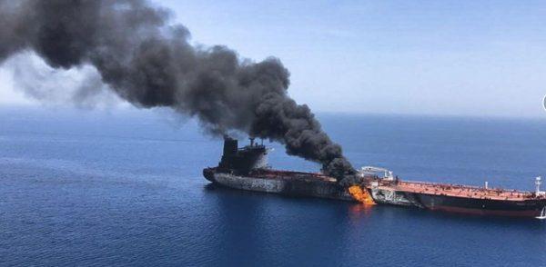 An oil tanker is on fire in the sea of Oman, Thursday, June 13, 2019. (ISNA/AP Photo)