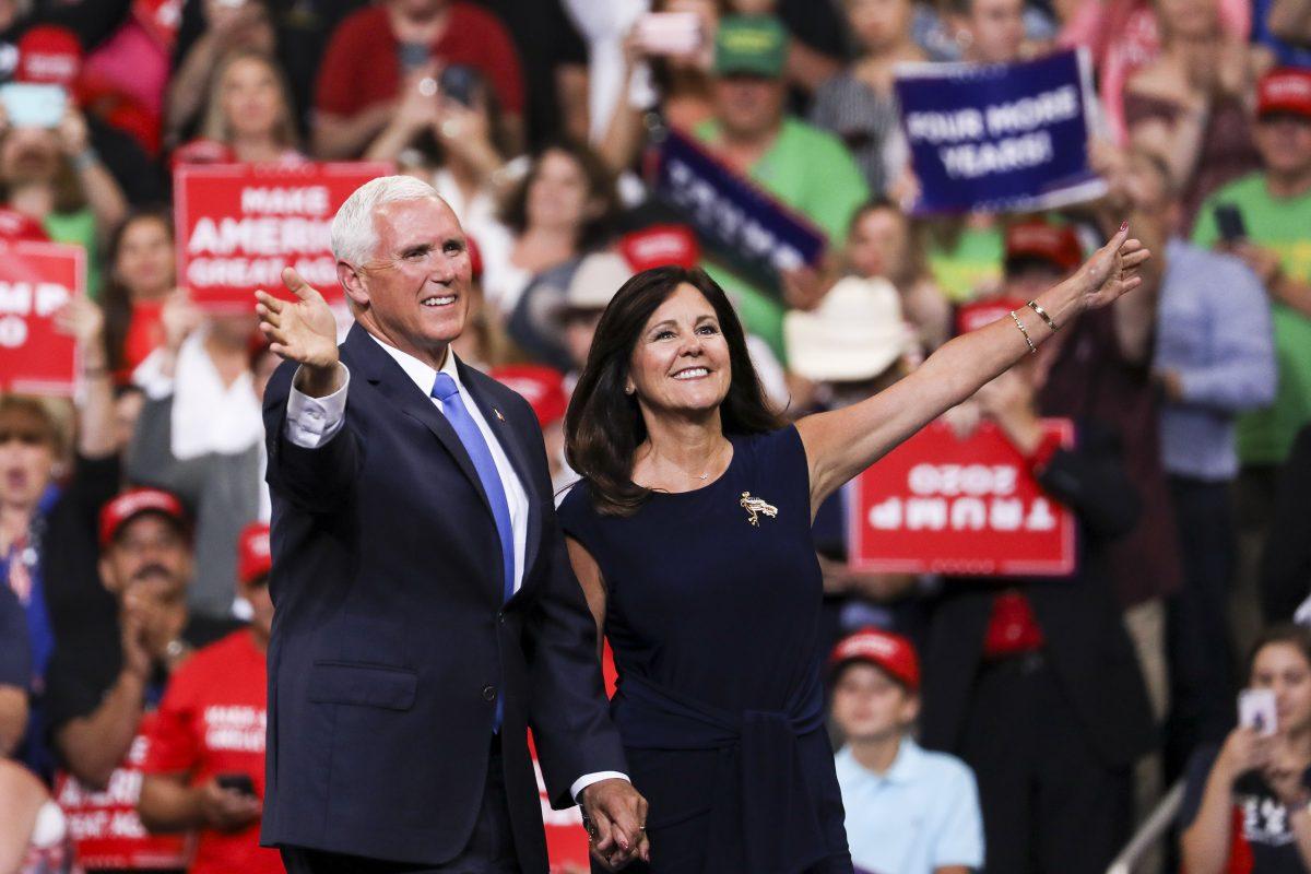 Vice President Mike Pence and Second Lady Karen Pence at President Donald Trump’s 2020 re-election event in Orlando, Fla., on June 18, 2019. (Charlotte Cuthbertson/The Epoch Times)
