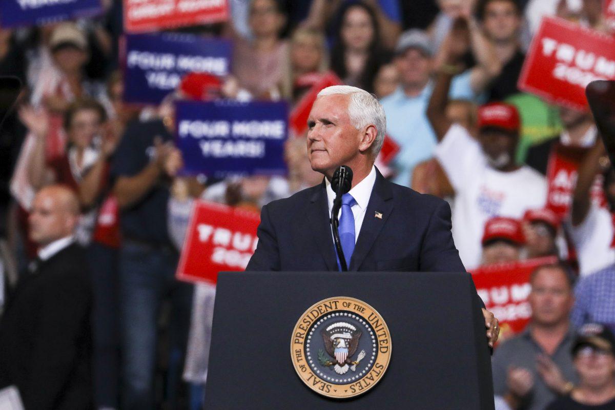 Vice President Mike Pence speaks during President Donald Trump’s 2020 re-election event in Orlando, Fla., on June 18, 2019. (Charlotte Cuthbertson/The Epoch Times)