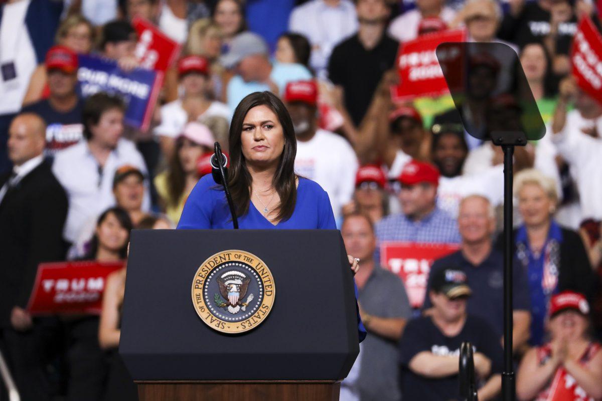 Outgoing White House Press Secretary Sarah Sanders speaks at President Donald Trump’s 2020 re-election event in Orlando, Fla., on June 18, 2019. (Charlotte Cuthbertson/The Epoch Times)