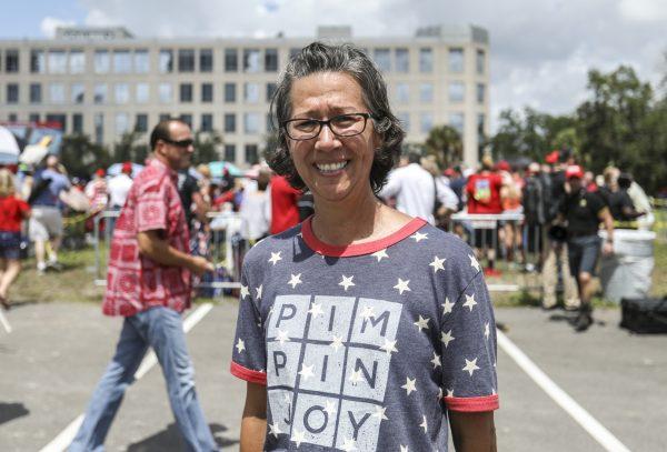 Sally Strealy outside the Amway Center prior to President Donald Trump’s 2020 re-election event in Orlando, Fla., on June 18, 2019. (Charlotte Cuthbertson/The Epoch Times)