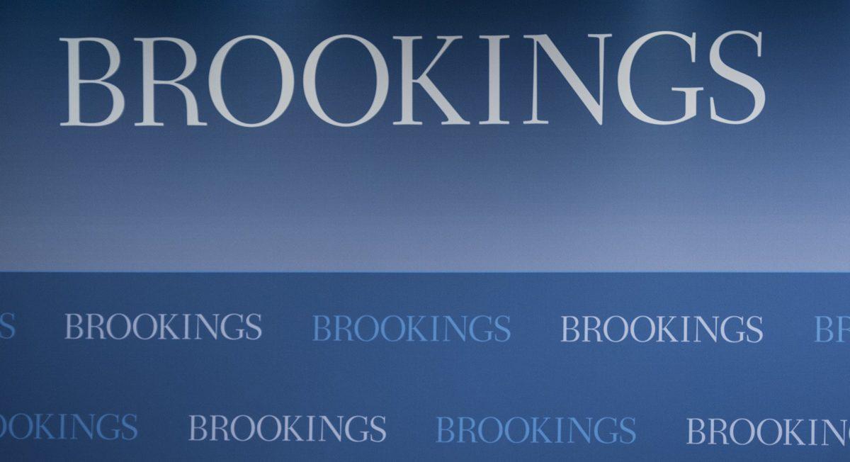 The Brookings Institute logo at an event in Washington, DC, on June 16, 2014. (BRENDAN SMIALOWSKI/AFP/Getty Images)