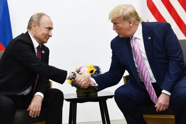 President Donald Trump attends a meeting with President Vladimir Putin during the G-20 summit in Osaka on June 28, 2019. (BRENDAN SMIALOWSKI/AFP/Getty Images)