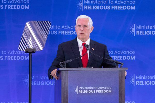 Vice President Pence gives keynote speech at the Ministerial to Advance Religious Freedom in Washington on July 18, 2019. (Lynn Lin/Epoch Times)
