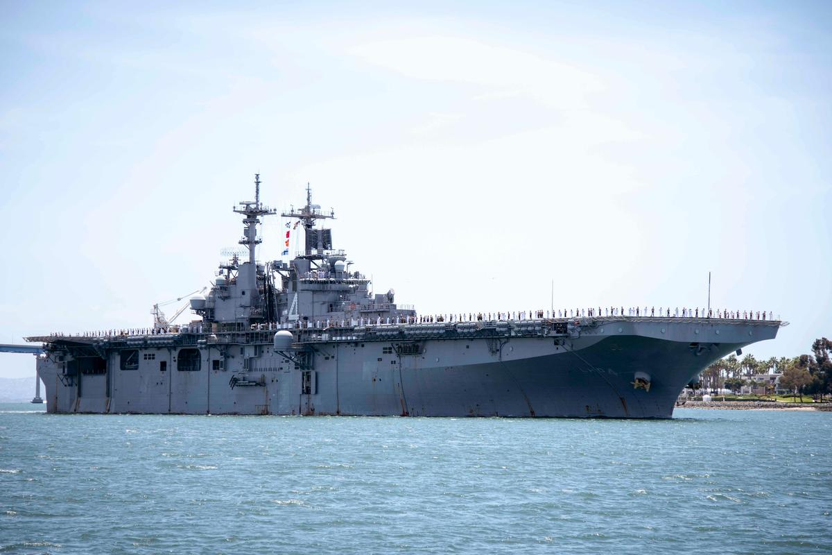 Amphibious assault ship USS Boxer (LHD 4) transits the San Diego Bay on May 1, 2019. (U.S. Navy Photo by Mass Communication Specialist 2nd Class Jesse Monford)