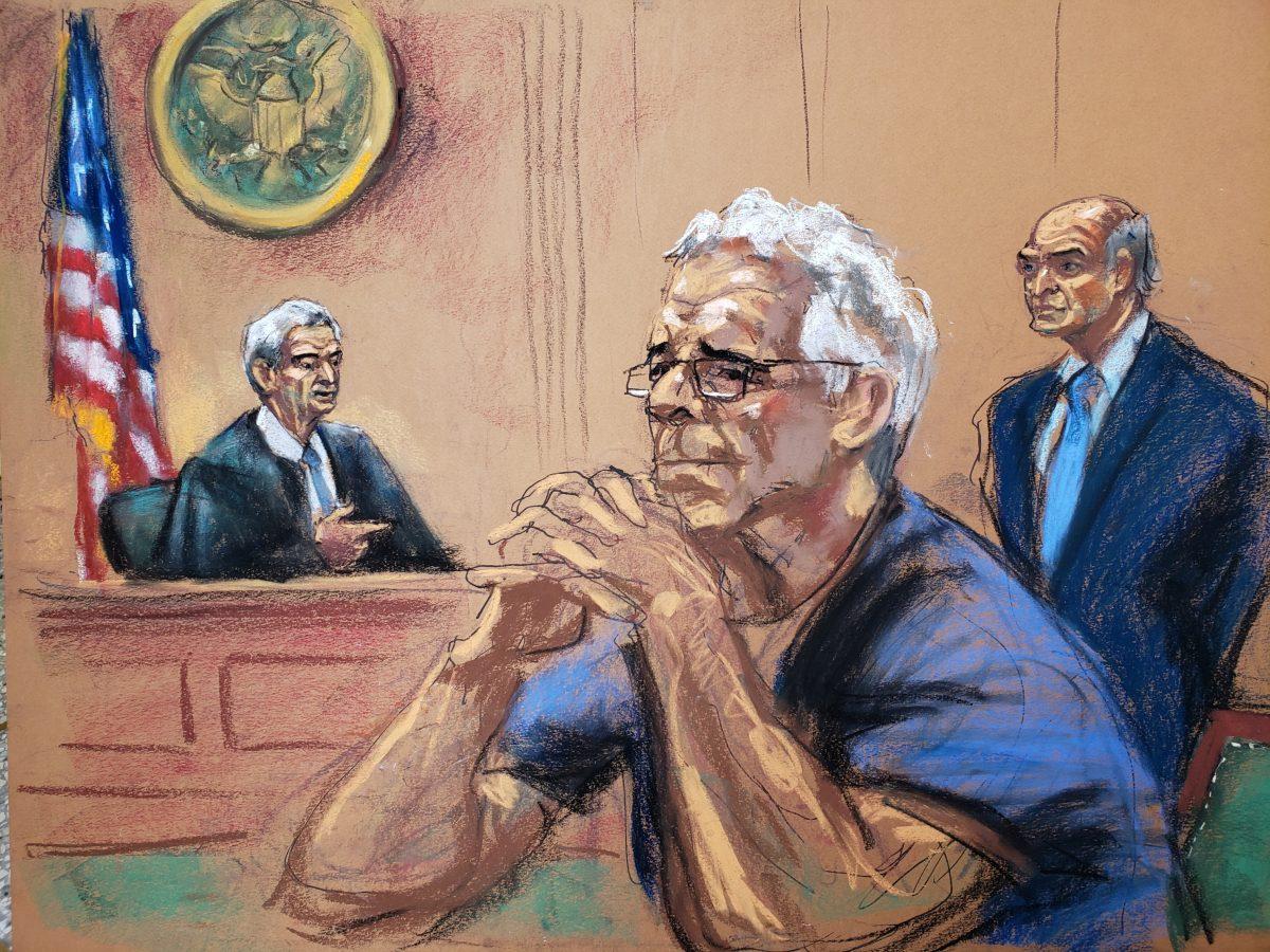 Jeffrey Epstein looks on near his lawyer Martin Weinberg and Judge Richard Berman during a status hearing in his sex trafficking case, in this court sketch in New York on July 31, 2019. (REUTERS/Jane Rosenberg)