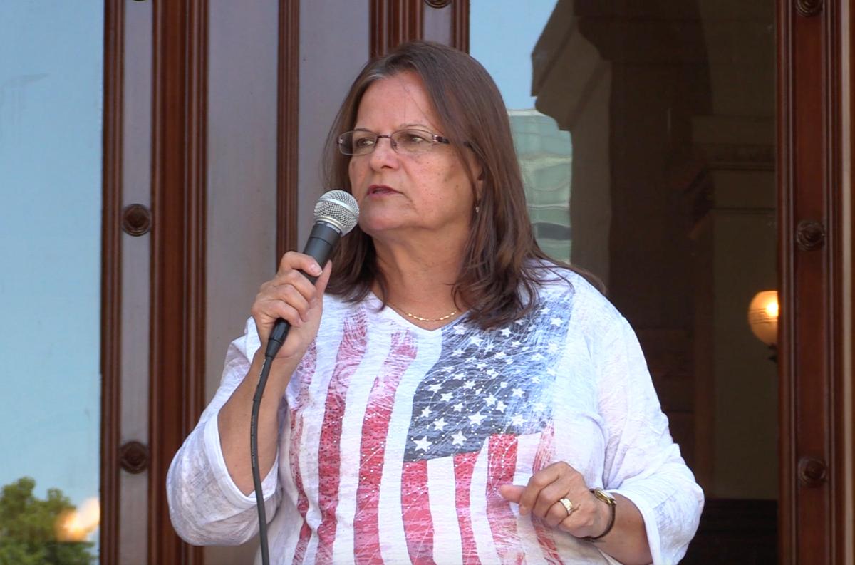 Agnes Gibboney speaking in front of California State Capitol building on on June 21, 2019. (Nathan Su/Epoch Times)