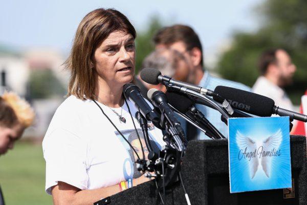 Michelle Root, whose daughter Sarah Root was killed by an illegal alien, speaks at an Angel Families event about the negative impact of illegal alien crime in America in front of the Capitol in Washington, on Sept. 7, 2018. (Samira Bouaou/The Epoch Times)