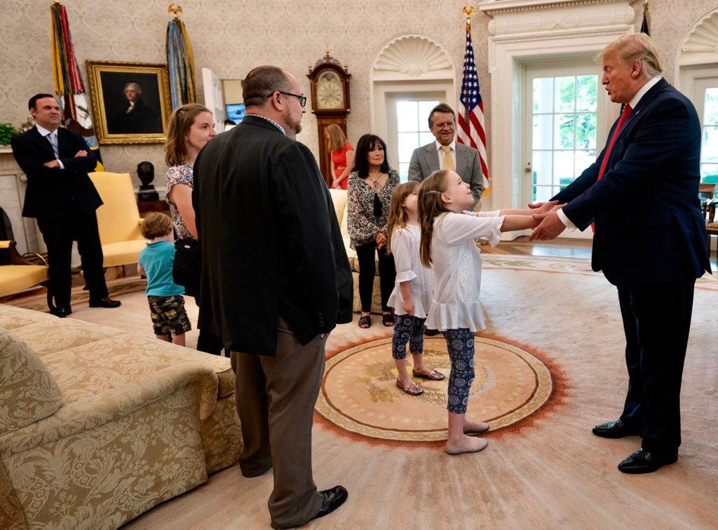 President Donald Trump meets with meme makers known as Carpe Dontktum and Mad Liberals at the Oval Office in the White House on July 3, 2019, in Washington. (White House)