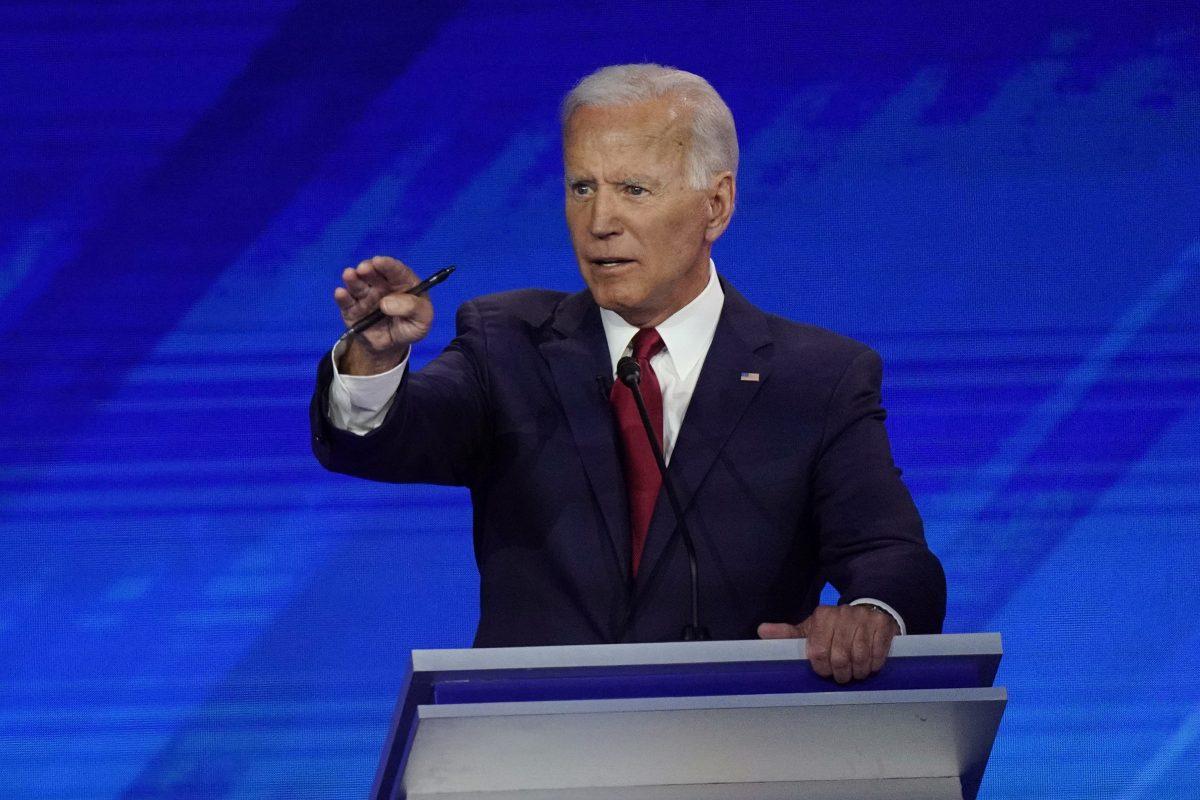 Former Vice President Joe Biden responds to a question on Sept. 12, 2019, during a Democratic presidential primary debate hosted by ABC at Texas Southern University in Houston. (AP Photo/David J. Phillip)