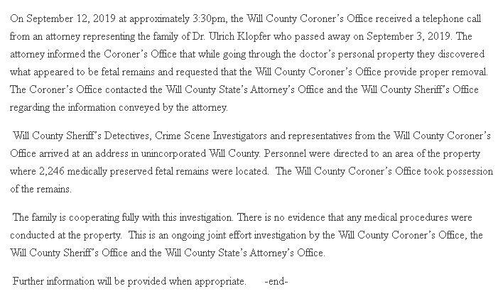 A statement about the fetal remains being found. (Will County Coroner’s Office)