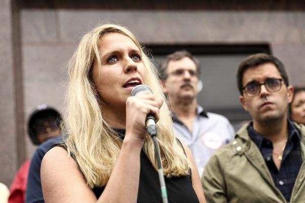 Angel wife Marla Wolff, whose FBI agent husband was killed by an illegal alien, speaks at an anti-sanctuary rally in Montgomery County, Md., on Sept. 13, 2019. (Charlotte Cuthbertson/The Epoch Times)