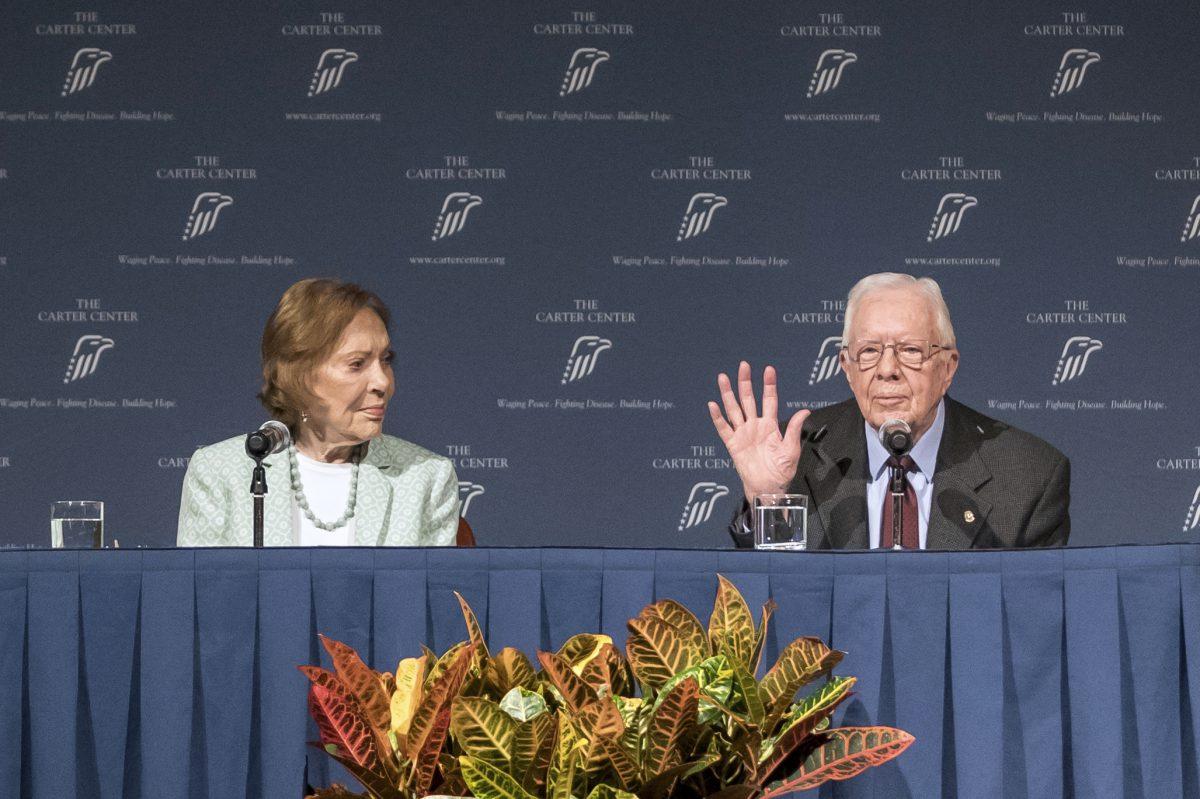 Former President Jimmy Carter and Rosalynn Carter talk about the future of The Carter Center and their global work during a town hall in Atlanta on Sept. 17, 2019. (Branden Camp/Atlanta Journal-Constitution via AP)