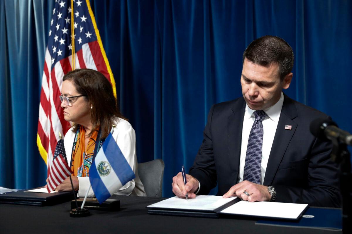 Acting Secretary of Homeland Security Kevin K. McAleenan, right, with Alexandra Hill, left, Minister of Foreign Affairs for El Salvador, during news conference at the US Customs and Border Protection Headquarters in Washington, on Sept. 20, 2019. (Pablo Martinez Monsivais/AP Photo)