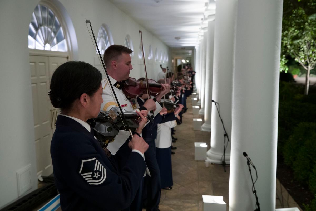 A military band plays on the Colonnade during a media preview for the State Dinner with President Donald Trump and Australian Prime Minister Scott Morrison in the Rose Garden of the White House in Washington on Sept. 20, 2019.. (AP Photo/Alex Brandon)