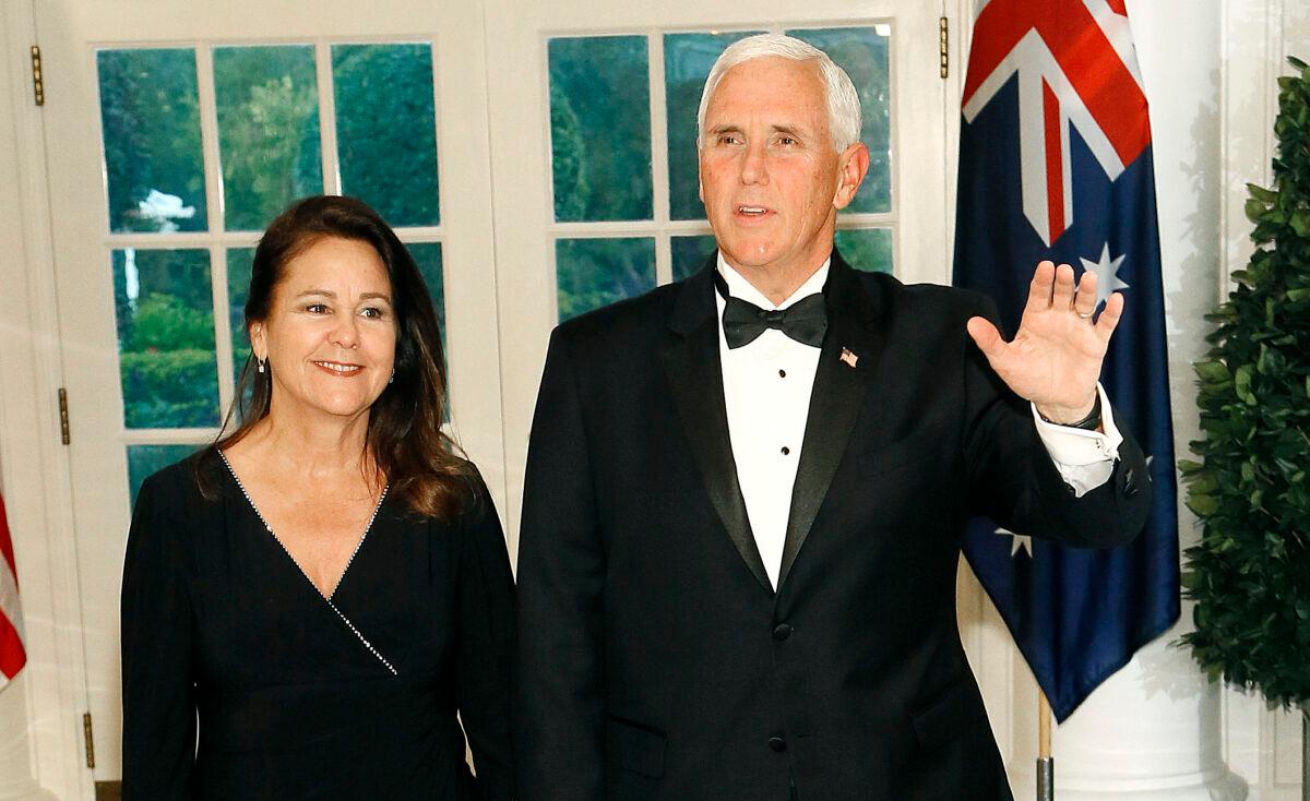 Vice President Mike Pence and Second Lady Karen Pence arrive for the State Dinner at The White House honoring Australian PM Morrison on Sept. 20, 2019. (Paul Morigi/Getty Images)