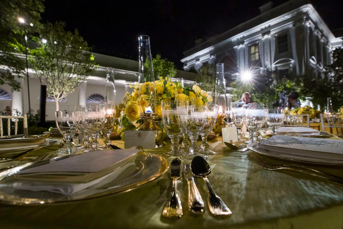 A table is set during a media preview for the State Dinner with President Donald Trump and Australian Prime Minister Scott Morrison in the Rose Garden of the White House in Washington on Sept. 20, 2019. (Alex Brandon/AP Photo)