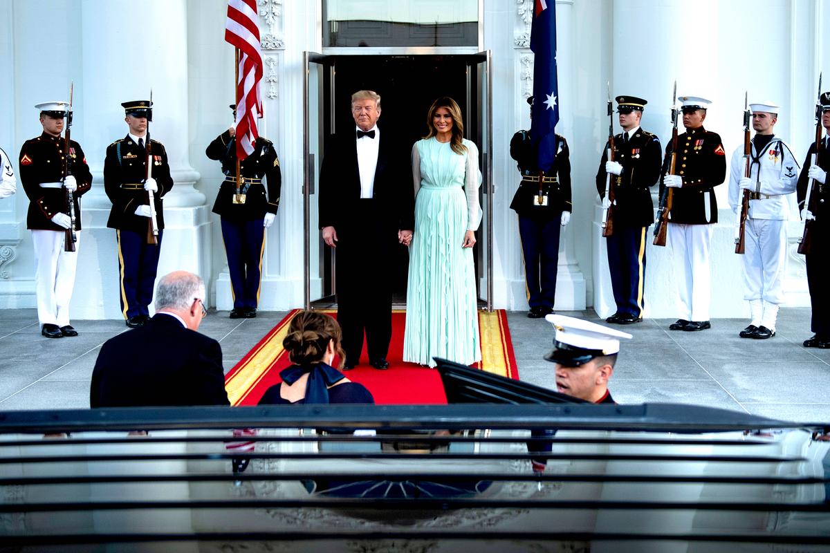 President Donald Trump and First Lady Melania Trump (R) welcome Australian Prime Minister Scott Morrison and wife Jenny Morrison for an Official Visit with a State Dinner at the North Portico of the White House on Sept. 20, 2019. (Brendan Smialowski/AFP/Getty Images)