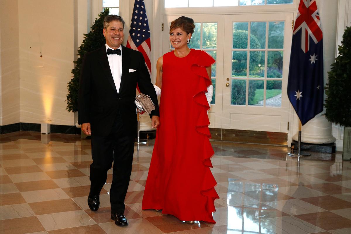 Television host Maria Bartiromo, right, and husband Jonathan Steinberg arrive for a State Dinner with Australian Prime Minister Scott Morrison and President Donald Trump at the White House, Friday, Sept. 20, 2019, in Washington. (AP Photo/Patrick Semansky)