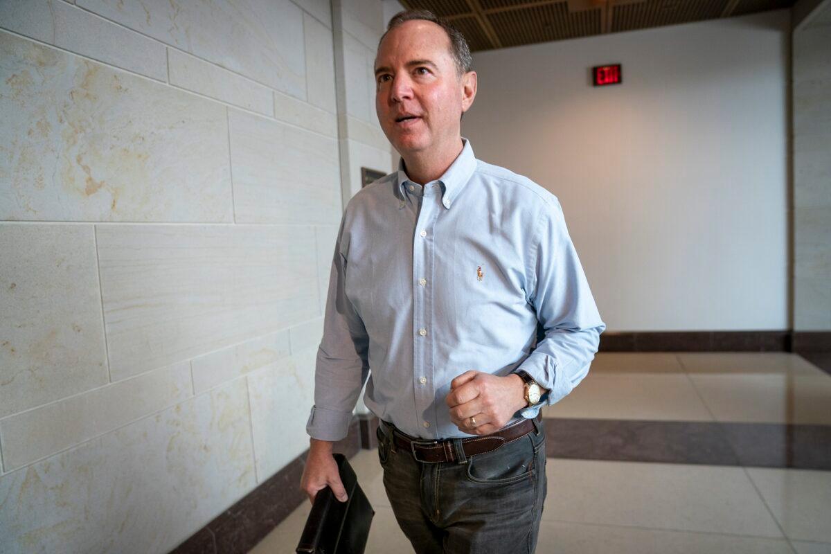 House Intelligence Committee Chairman Adam Schiff (D-Calif.) walks to a secure facility in the Capitol in Washington to prepare for depositions in the impeachment inquiry of President Donald Trump on Oct. 1, 2019. (J. Scott Applewhite/AP Photo)