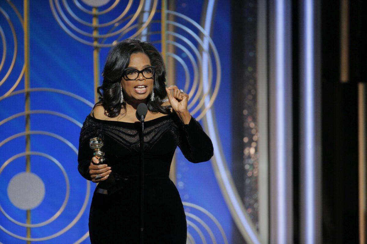In this handout photo provided by NBCUniversal, Oprah Winfrey accepts the 2018 Cecil B. DeMille Award and speaks onstage during the 75th Annual Golden Globe Awards at The Beverly Hilton Hotel in Beverly Hills, California, in this Jan. 7, 2018, file photo. (Paul Drinkwater/NBCUniversal via Getty Images)