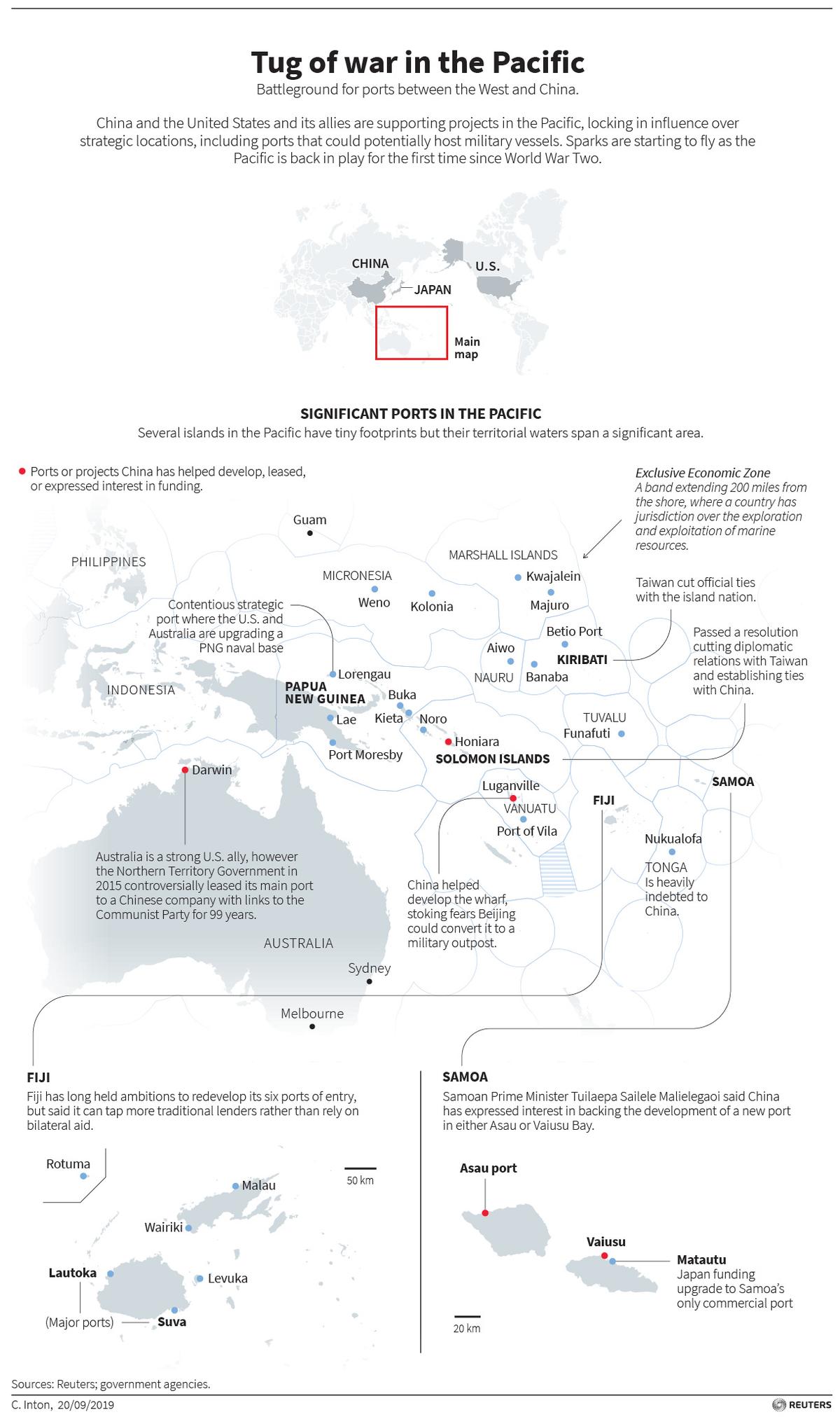 Graphic showing ports in the Pacific, highlighting ports or projects that China has helped develop, leased or expressed interest in funding. (Reuters/Government Agencies)