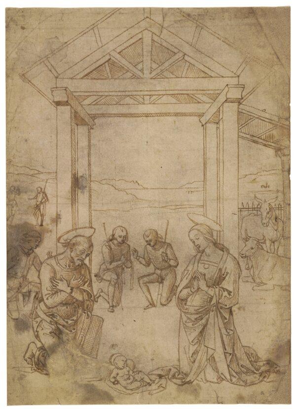 "The Adoration of Christ," 1500–10, by Circle of Perugino (circa 1450–1523). Brush drawing in brown ink, over black chalk, pricked for transfer; 11 5/8 inches by 11 1/8 inches. (Trustees of The British Museum)