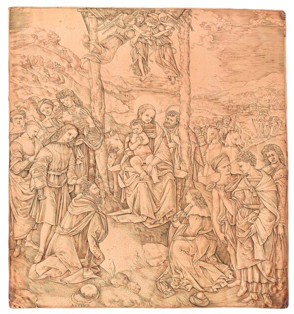 "The Adoration of the Magi," after Filippino Lippi, 1500–10, by Cristofano Robetta. Copper printing plate; 12 inches by 11 1/4 inches. (Trustees of The British Museum)