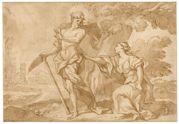 "Noli Me Tangere,"1642–1703, by Domenico Piola (1627—1703). Pen and brown ink, with brown wash, over black chalk. 11 1/8 inches by 16 1/4 inches. (Trustees of The British Museum)