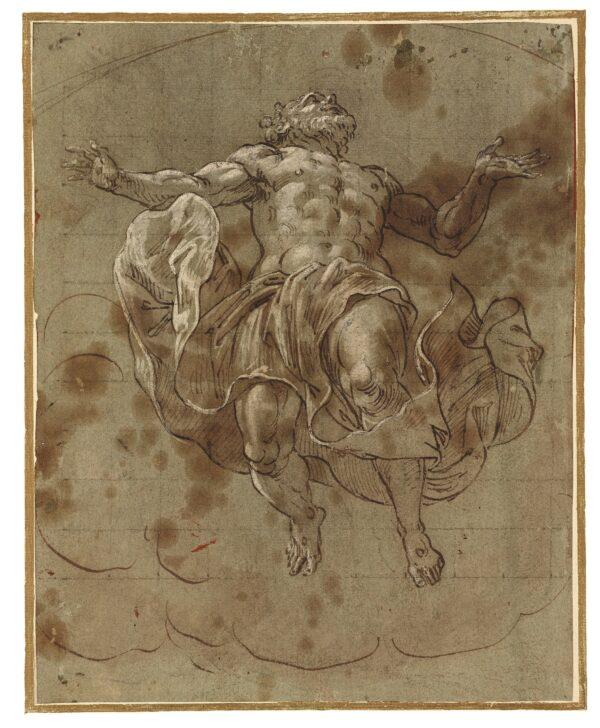 "The Ascension," circa 1570, by Lattanzio Gambara. Pen and brown ink, heightened with white, on blue-gray paper, squared for transfer; 11 13/16 inches by 9 5/16 inches. (Trustees of The British Museum)