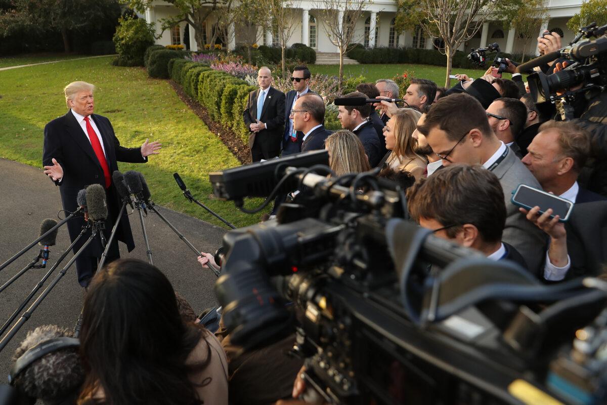 President Donald Trump talks to journalists outside the White House before departing Washington on Nov. 4, 2019. (Chip Somodevilla/Getty Images)