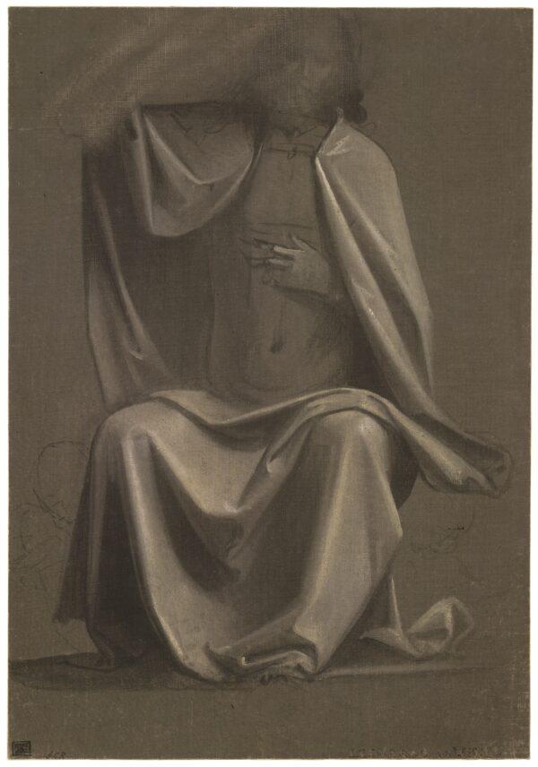 Drapery study for Christ in Judgment, 1499–1500, by Fra Bartolommeo. Brush drawing in gray-brown and white pigment, on dark gray, prepared linen; 12 inches by 8 3/8 inches. (Trustees of The British Museum)