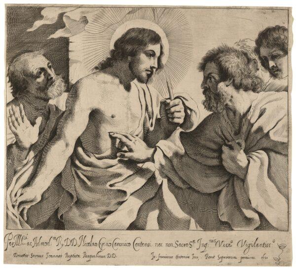 "The Incredulity of St. Thomas," after Guercino, 1621, by Giovanni Battista Pasqualini. Engraving; 10 1/4 inches by 11 1/4 inches. (Trustees of The British Museum)