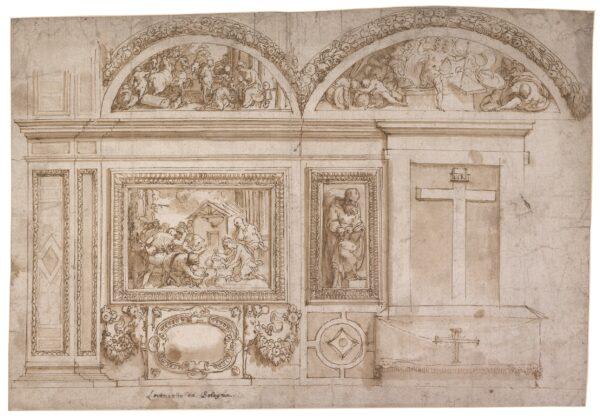 Design for a chapel with scenes of the Nativity and the Resurrection, 1550–60, by Taddeo Zuccaro. Pen and brown ink, brown wash, over black chalk; 10 11/16 inches by 15 11/16 inches. (Trustees of The British Museum)