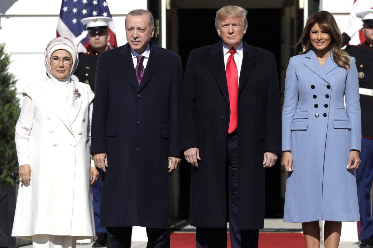 President Donald Trump and First Lady Melania Trump welcome Turkish President Recep Tayyip Erdogan and his wife Emine Erdogan to the White House, on Nov. 13, 2019. (Evan Vucci/AP Photo)